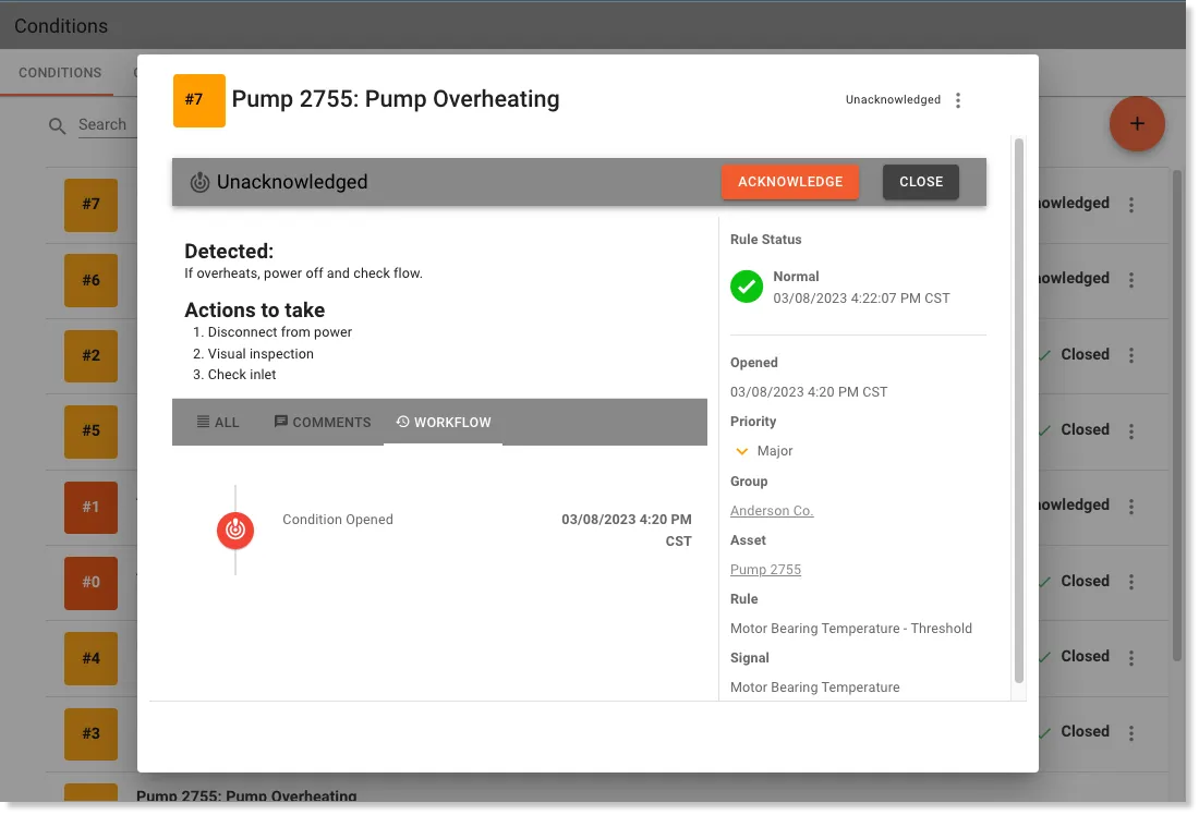 ExoSense condition detail showing detected cause, actions to take, and workflow status