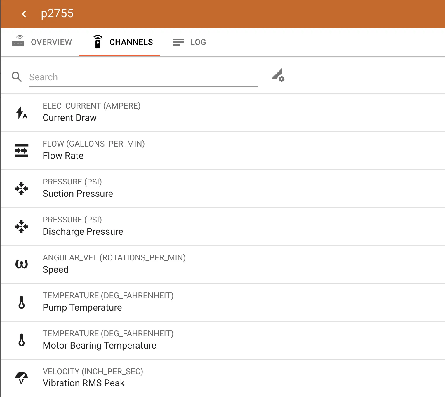 ExoSense channel list for a pump showing typed signals with units: amps, GPM, PSI, RPM, and degrees Fahrenheit