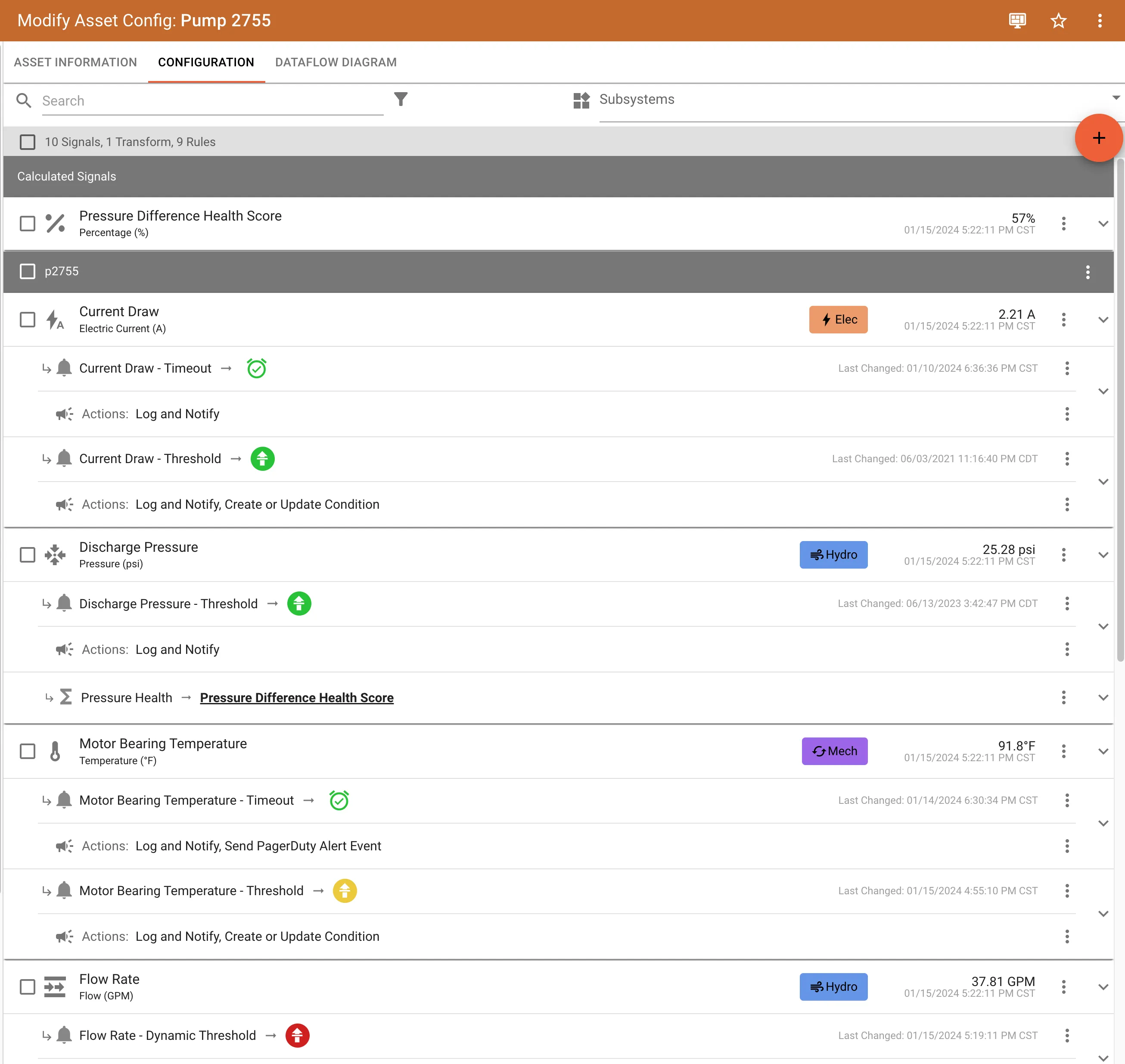 ExoSense asset configuration screen showing signals, a transform, and rules for a pump